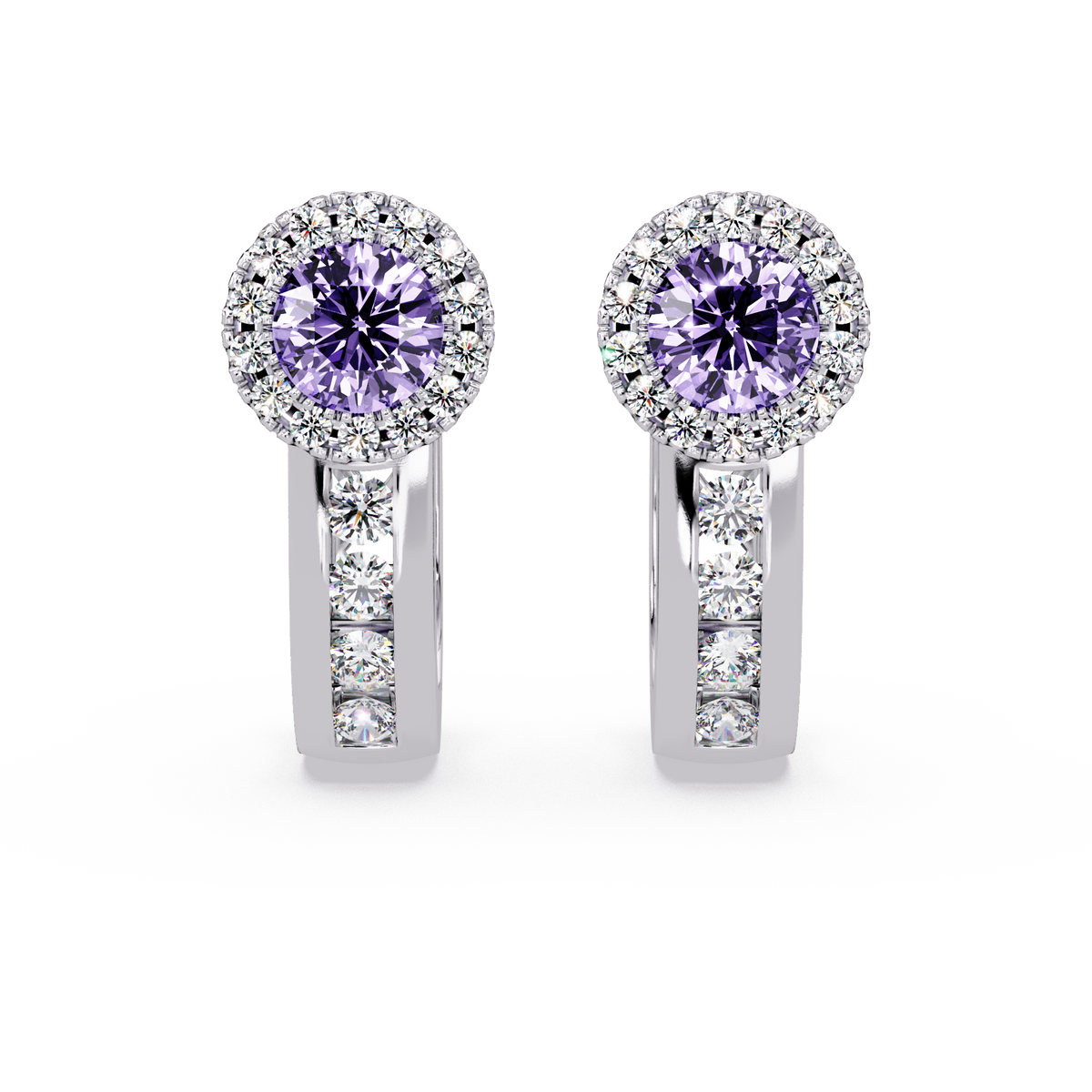 Halo colorstone huggie earrings in white gold, Amethyst Purple center stones