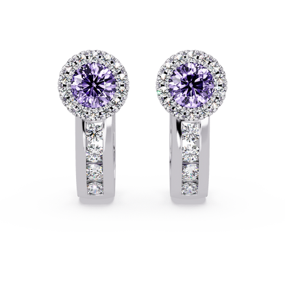 Halo colorstone huggie earrings in white gold, Amethyst Purple center stones