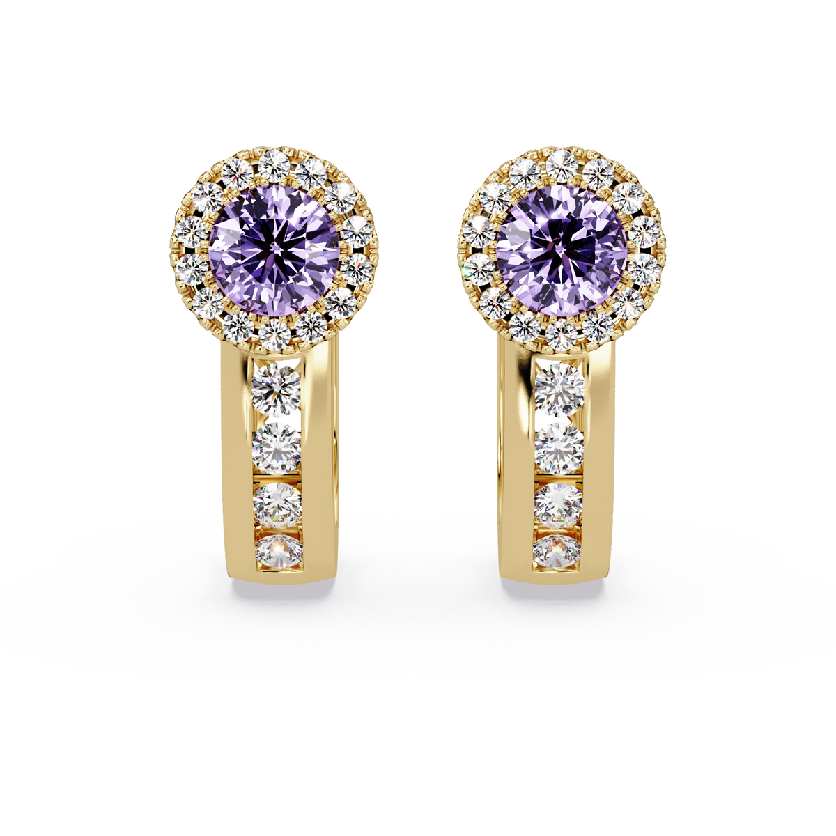 Halo colorstone huggie earrings in yellow gold, Amethyst Purple center stones