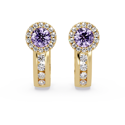 Halo colorstone huggie earrings in yellow gold, Amethyst Purple center stones