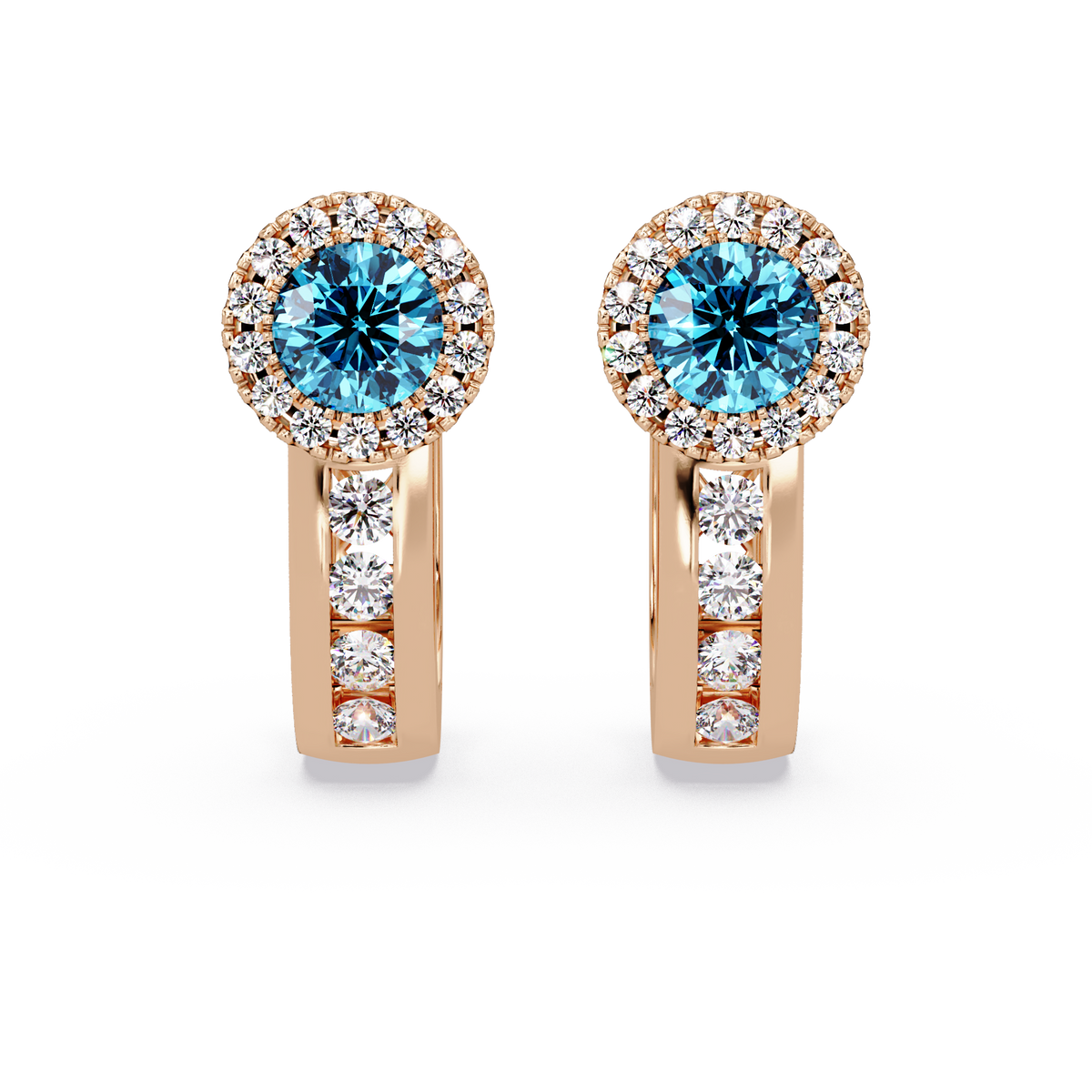 Halo colorstone huggie earrings in rose gold, Aquamarine Blue center stones