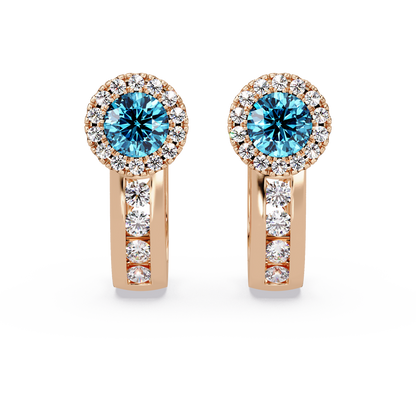 Halo colorstone huggie earrings in rose gold, Aquamarine Blue center stones