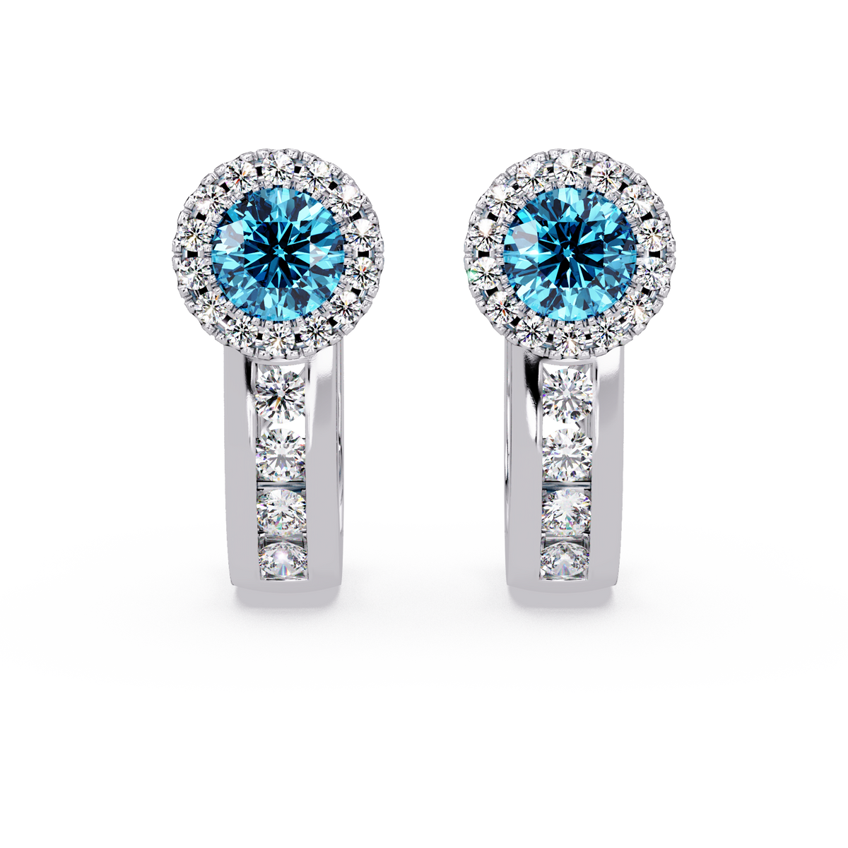 Halo colorstone huggie earrings in white gold, Aquamarine Blue center stones
