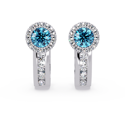 Halo colorstone huggie earrings in white gold, Aquamarine Blue center stones