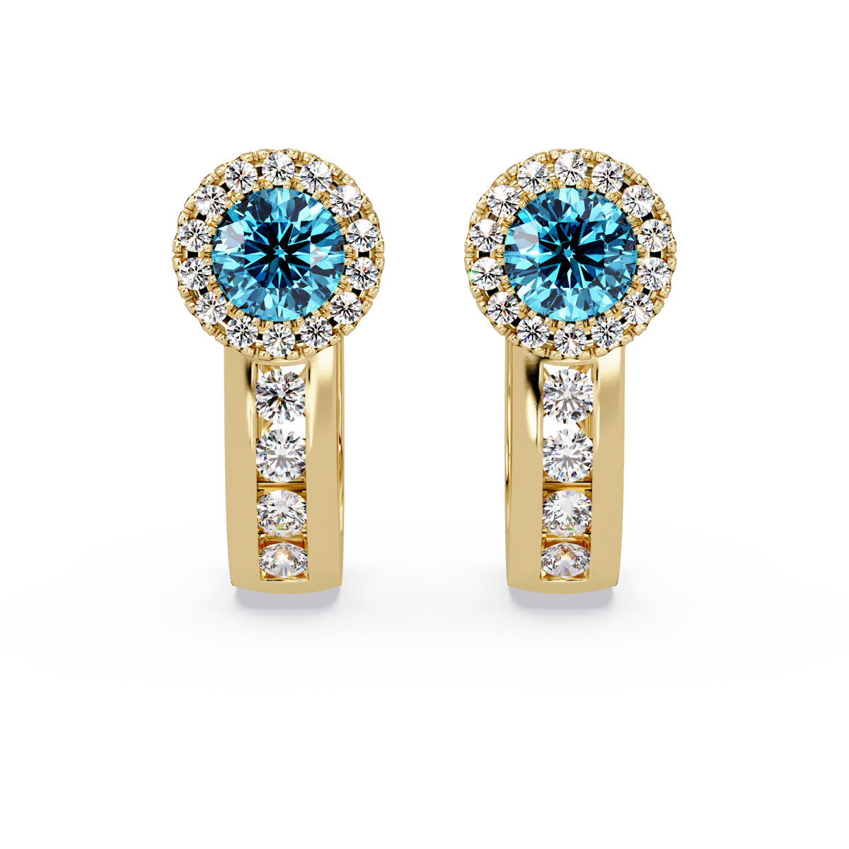 Halo colorstone huggie earrings in yellow gold, Aquamarine Blue center stones