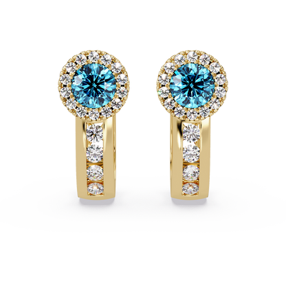 Halo colorstone huggie earrings in yellow gold, Aquamarine Blue center stones