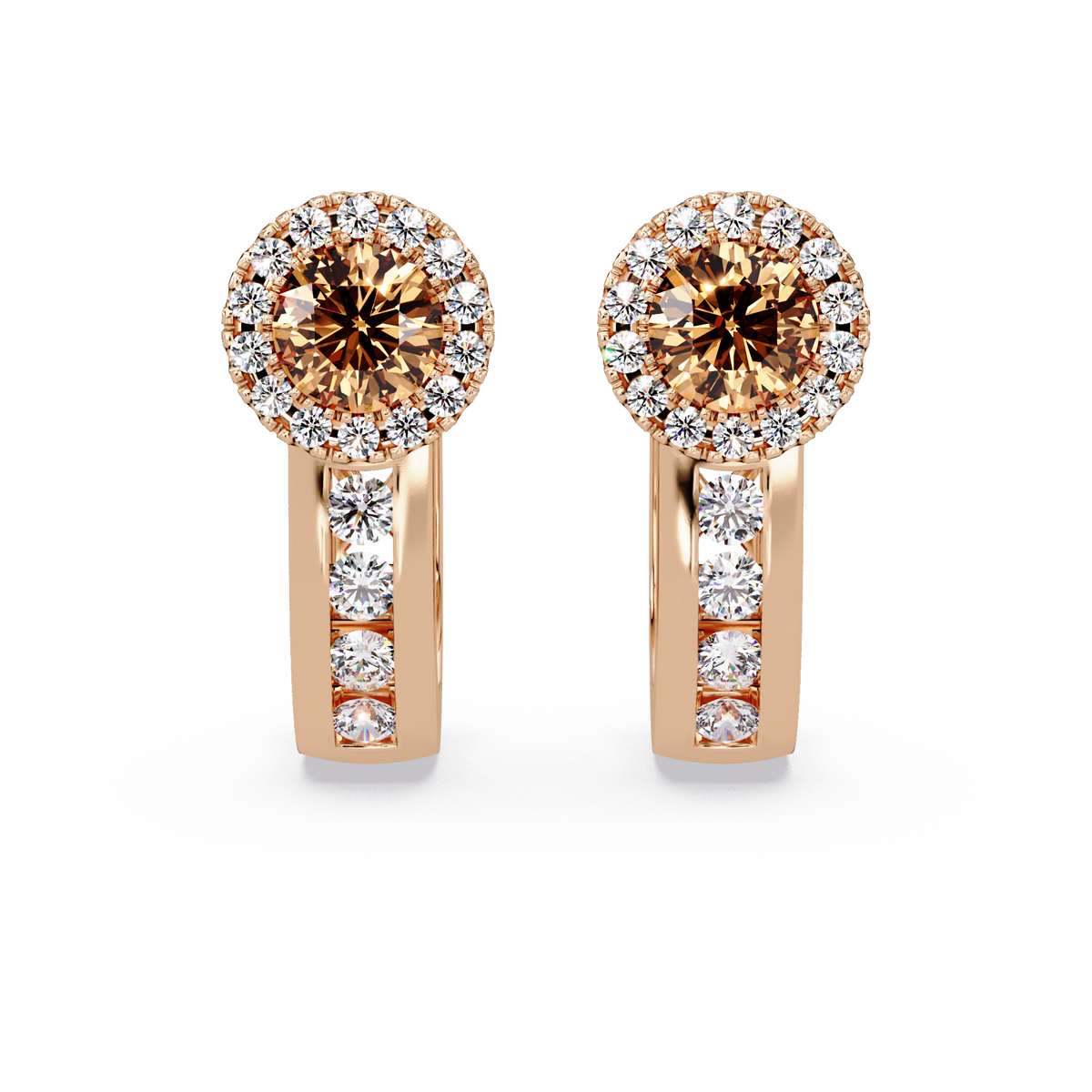 Halo colorstone huggie earrings in rose gold, Champagne Topaz center stones