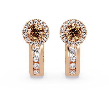 Halo colorstone huggie earrings in rose gold, Champagne Topaz center stones