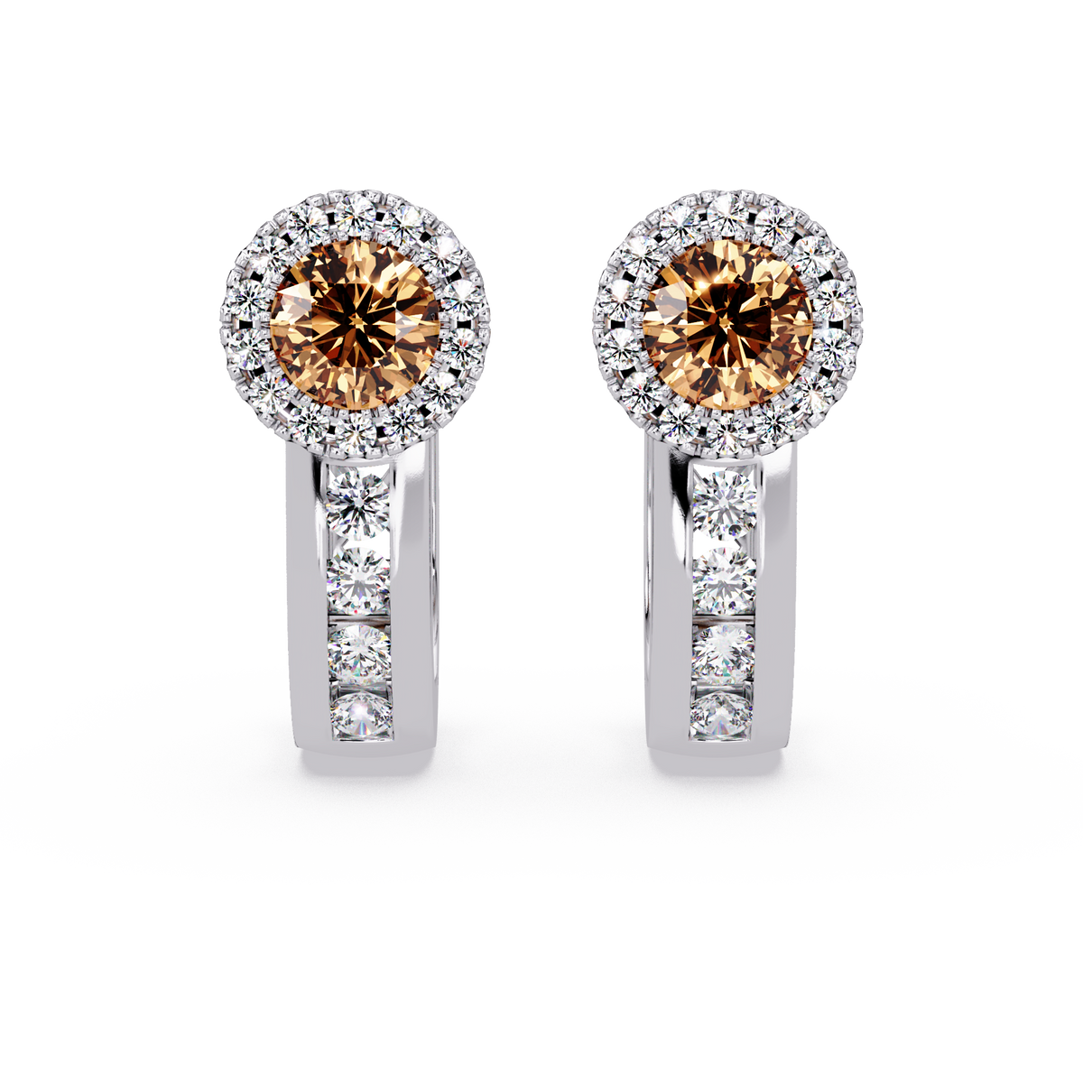 Halo colorstone huggie earrings in white gold, Champagne Topaz center stones
