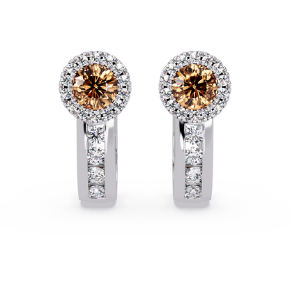 Halo colorstone huggie earrings in white gold, Champagne Topaz center stones