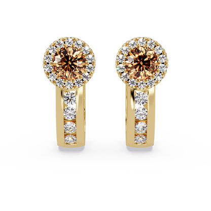Halo colorstone huggie earrings in yellow gold, Champagne Topaz center stones