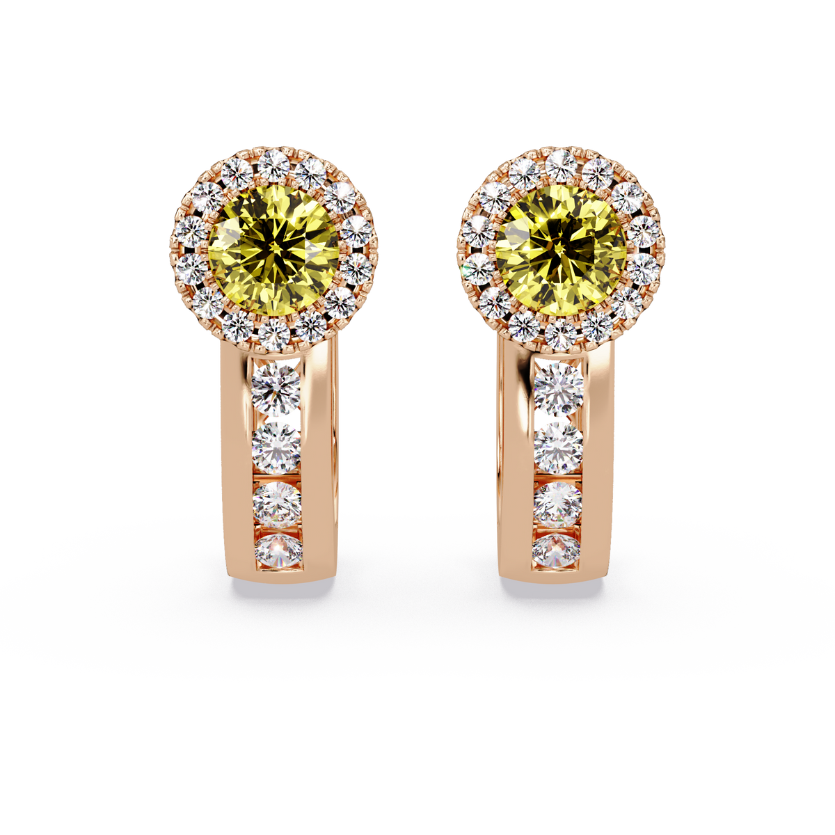 Halo colorstone huggie earrings in rose gold, Citrine Yellow center stones