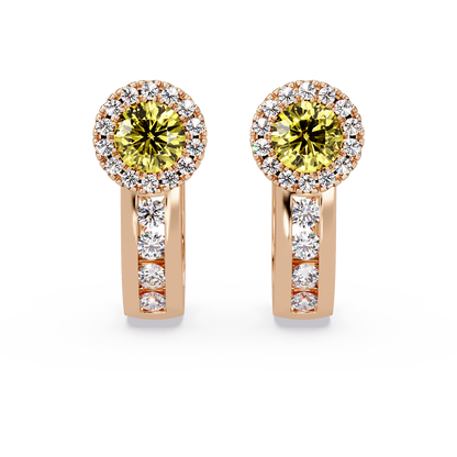 Halo colorstone huggie earrings in rose gold, Citrine Yellow center stones