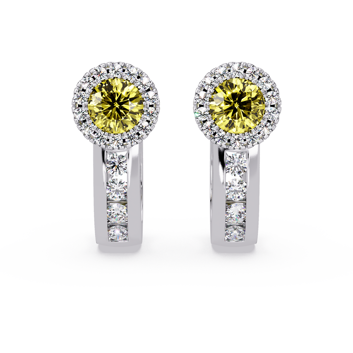 Halo colorstone huggie earrings in white gold, Citrine Yellow center stones