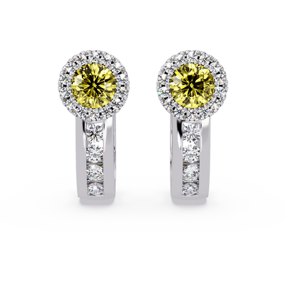 Halo colorstone huggie earrings in white gold, Citrine Yellow center stones
