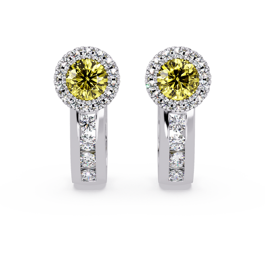 Halo colorstone huggie earrings in white gold, Citrine Yellow center stones