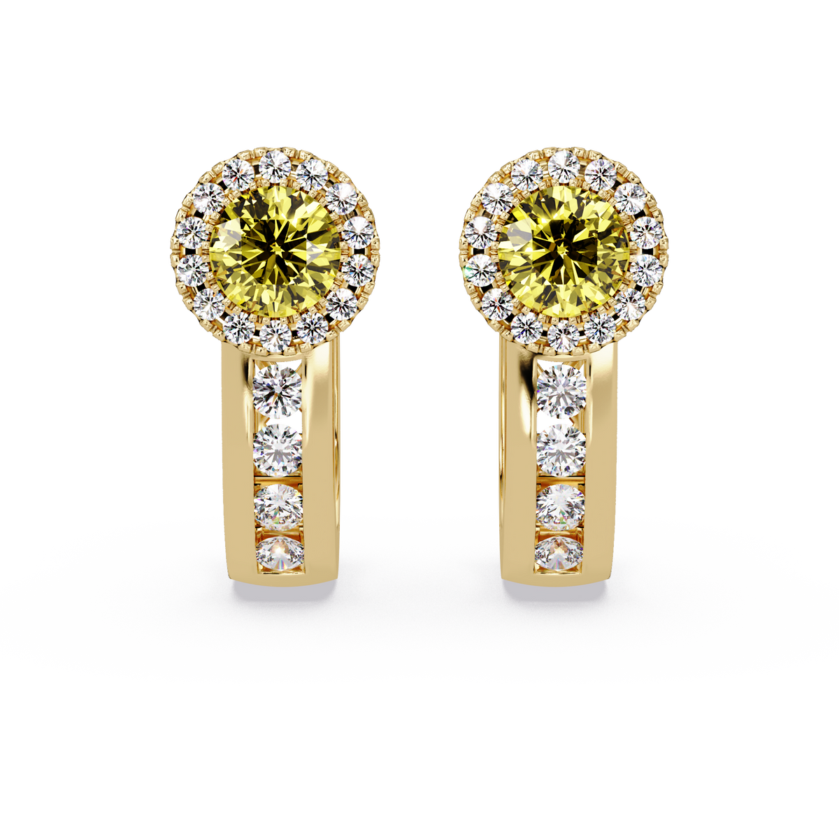 Halo colorstone huggie earrings in yellow gold, Citrine Yellow center stones