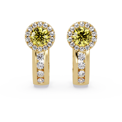 Halo colorstone huggie earrings in yellow gold, Citrine Yellow center stones