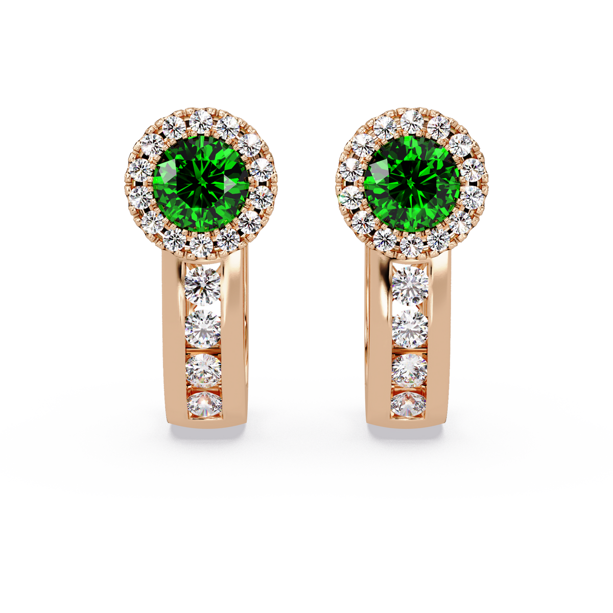 Halo colorstone huggie earrings in rose gold, Emerald Green center stones