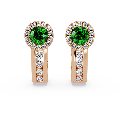Halo colorstone huggie earrings in rose gold, Emerald Green center stones