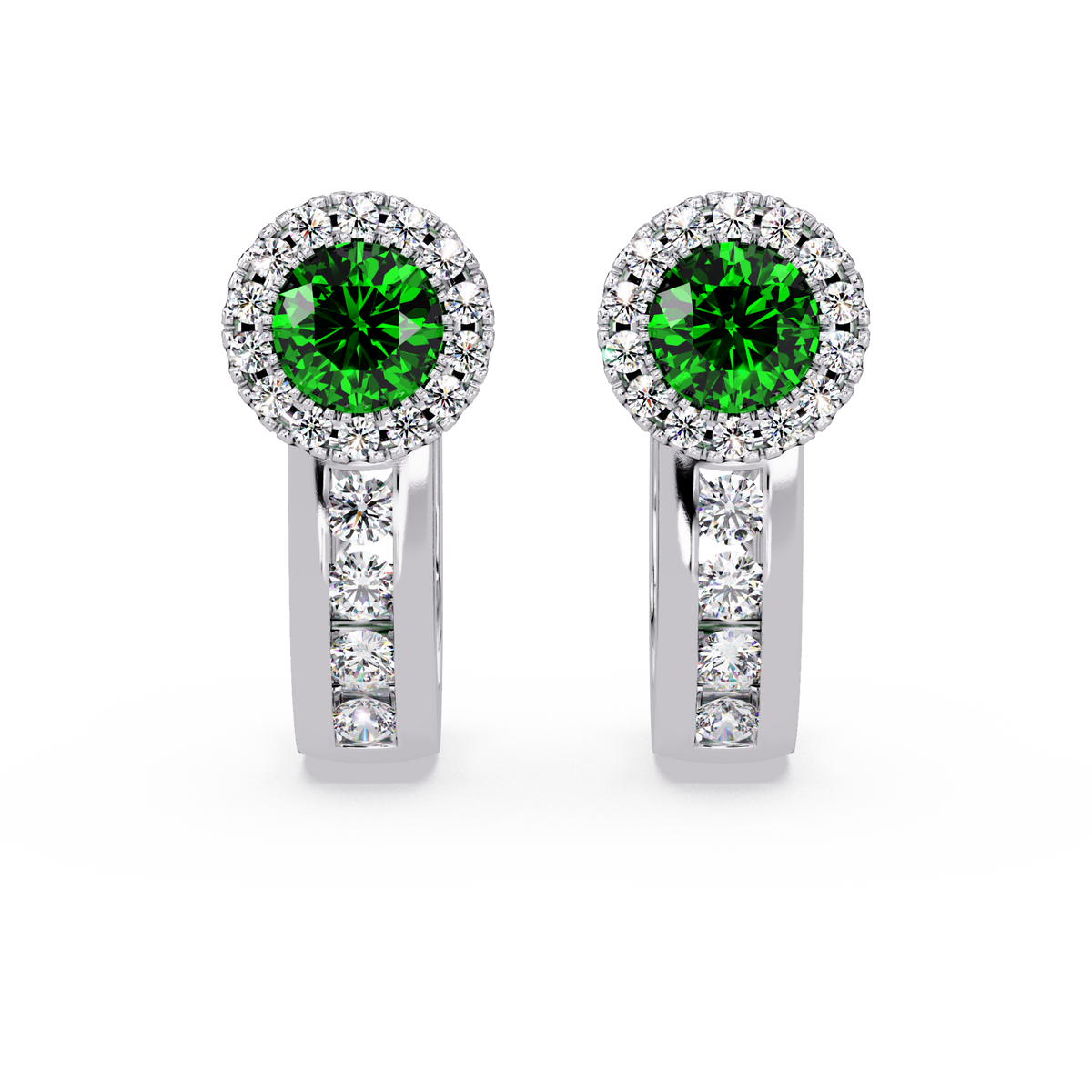 Halo colorstone huggie earrings in white gold, Emerald Green center stones