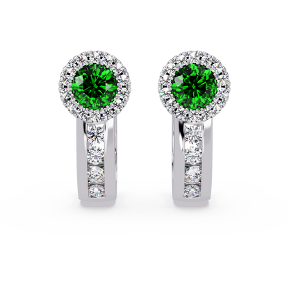 Halo colorstone huggie earrings in white gold, Emerald Green center stones