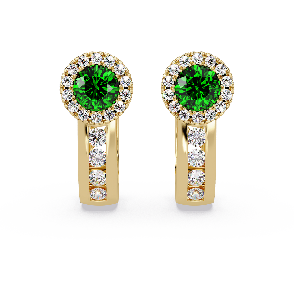 Halo colorstone huggie earrings in yellow gold, Emerald Green center stones