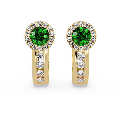 Halo colorstone huggie earrings in yellow gold, Emerald Green center stones