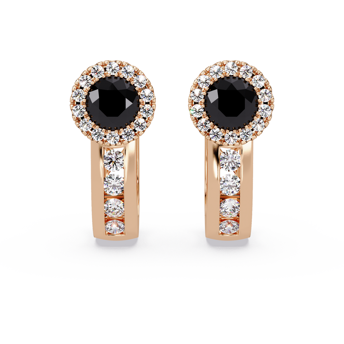 Halo colorstone huggie earrings in rose gold, Onyx center stones