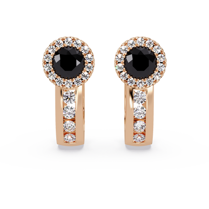 Halo colorstone huggie earrings in rose gold, Onyx center stones