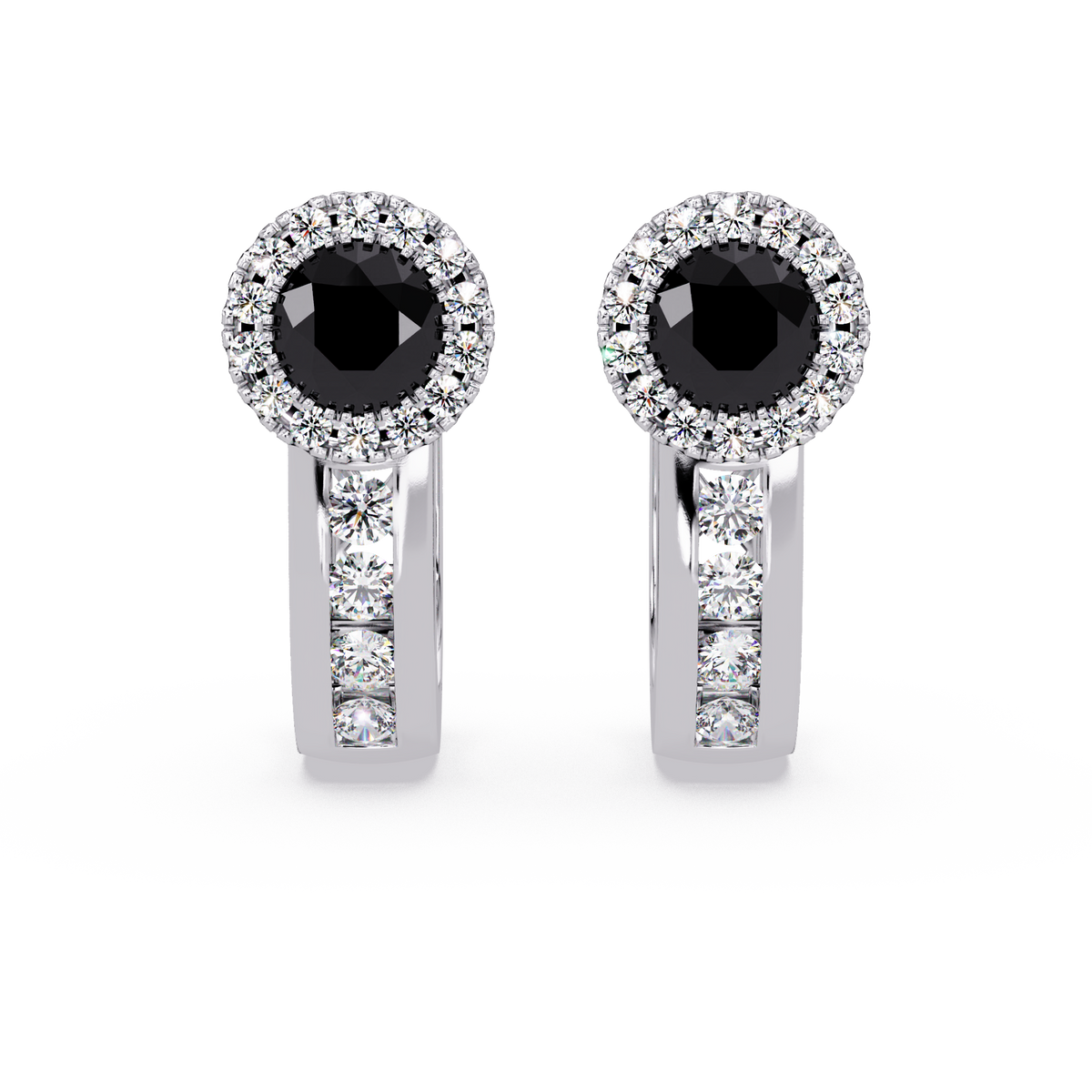 Halo colorstone huggie earrings in white gold, Onyx center stones