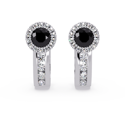 Halo colorstone huggie earrings in white gold, Onyx center stones