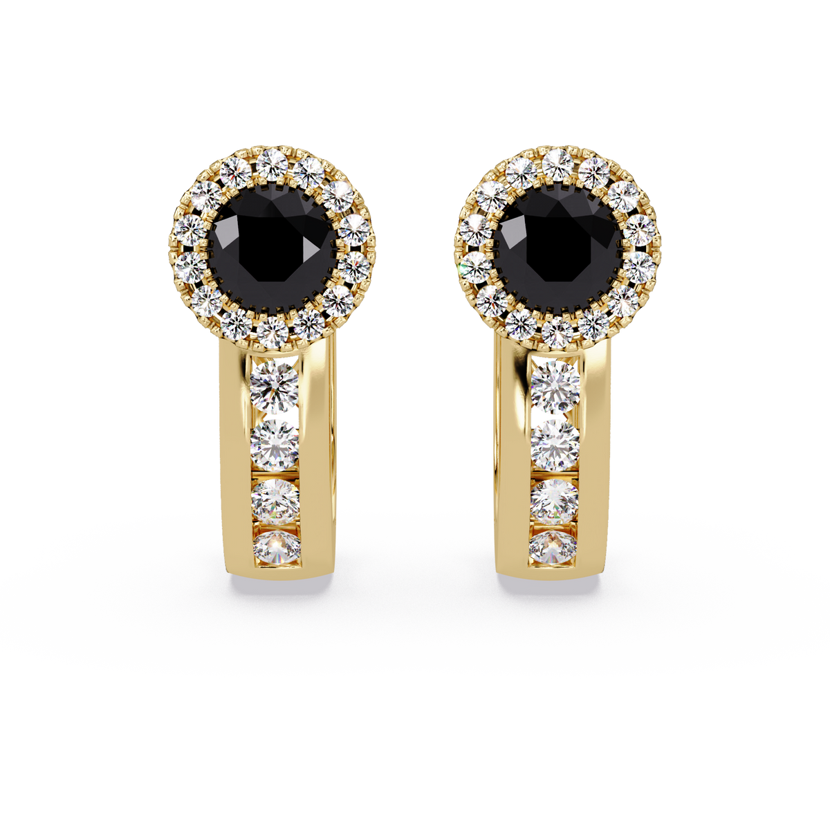 Halo colorstone huggie earrings in yellow gold, Onyx center stones