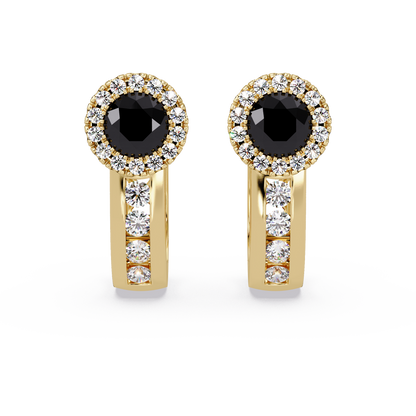Halo colorstone huggie earrings in yellow gold, Onyx center stones