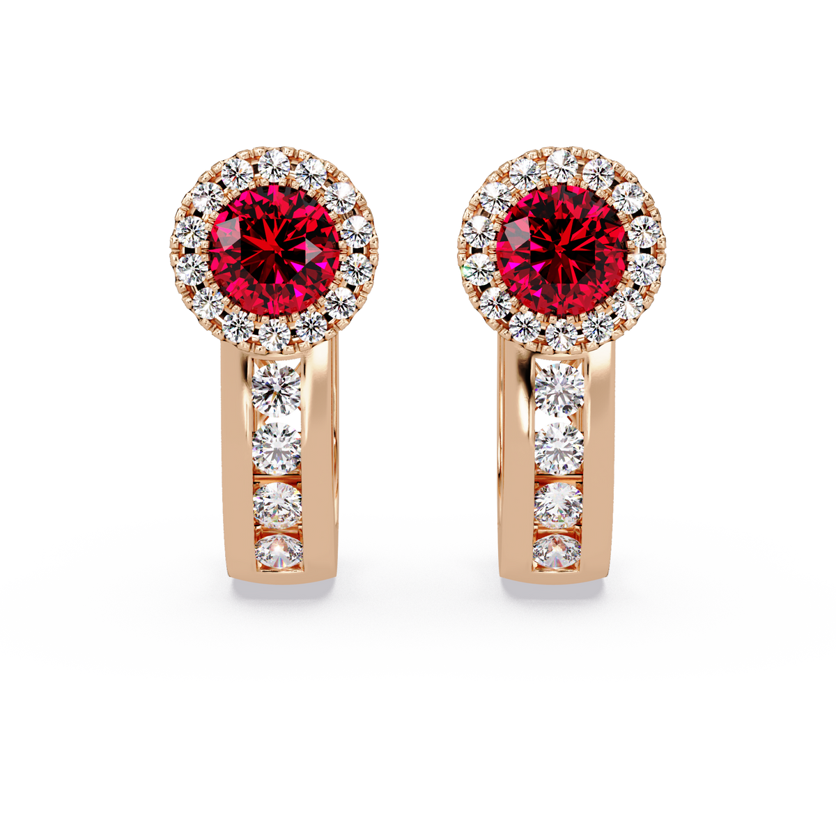 Halo colorstone huggie earrings in rose gold, Ruby Red center stones
