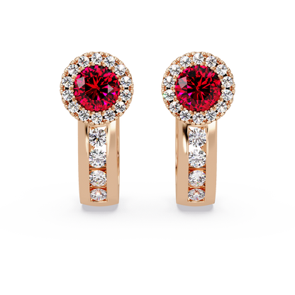 Halo colorstone huggie earrings in rose gold, Ruby Red center stones