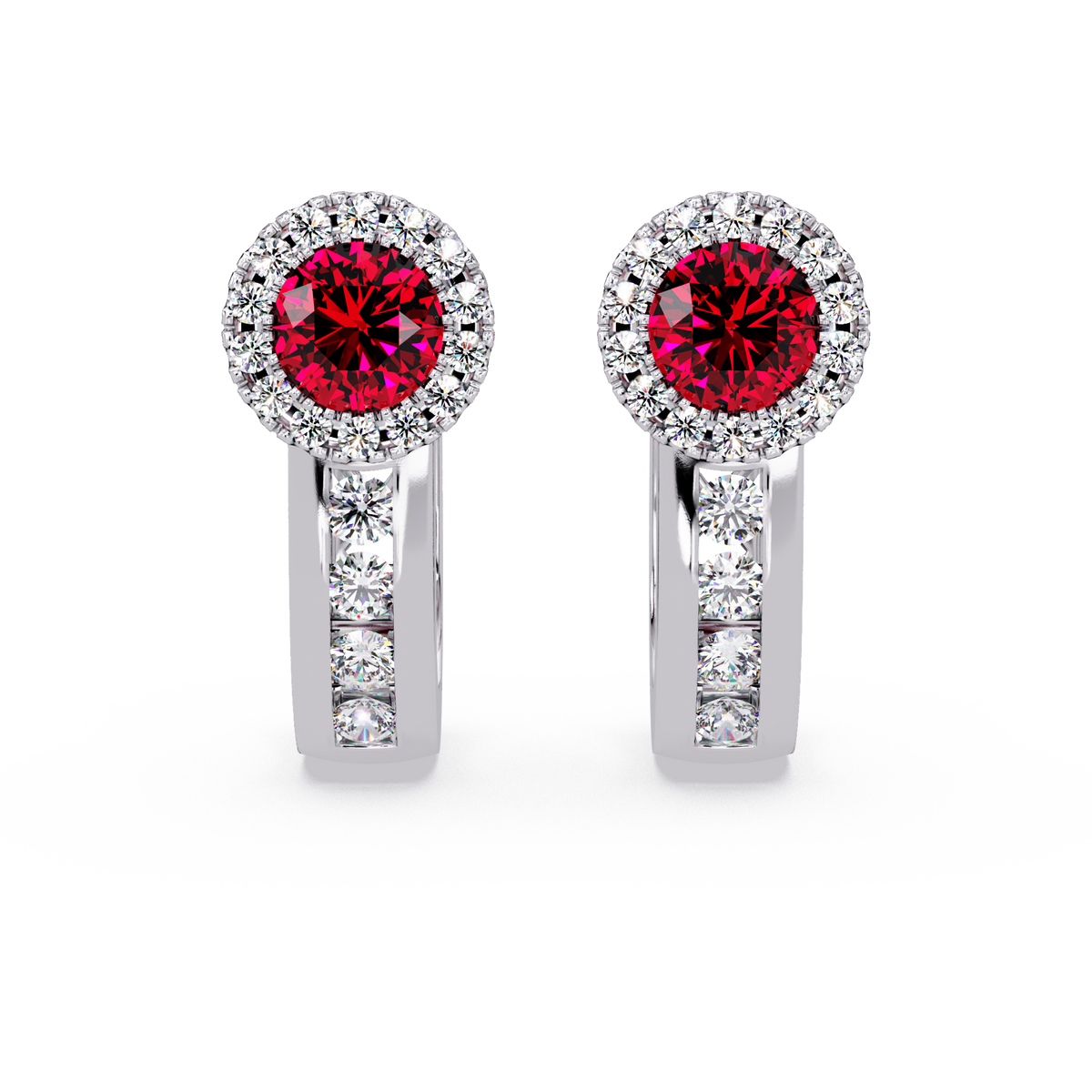Halo colorstone huggie earrings in white gold, Ruby Red center stones