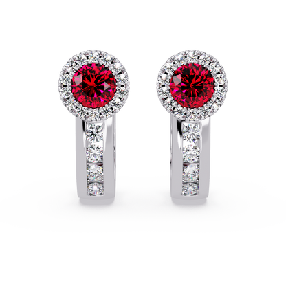 Halo colorstone huggie earrings in white gold, Ruby Red center stones