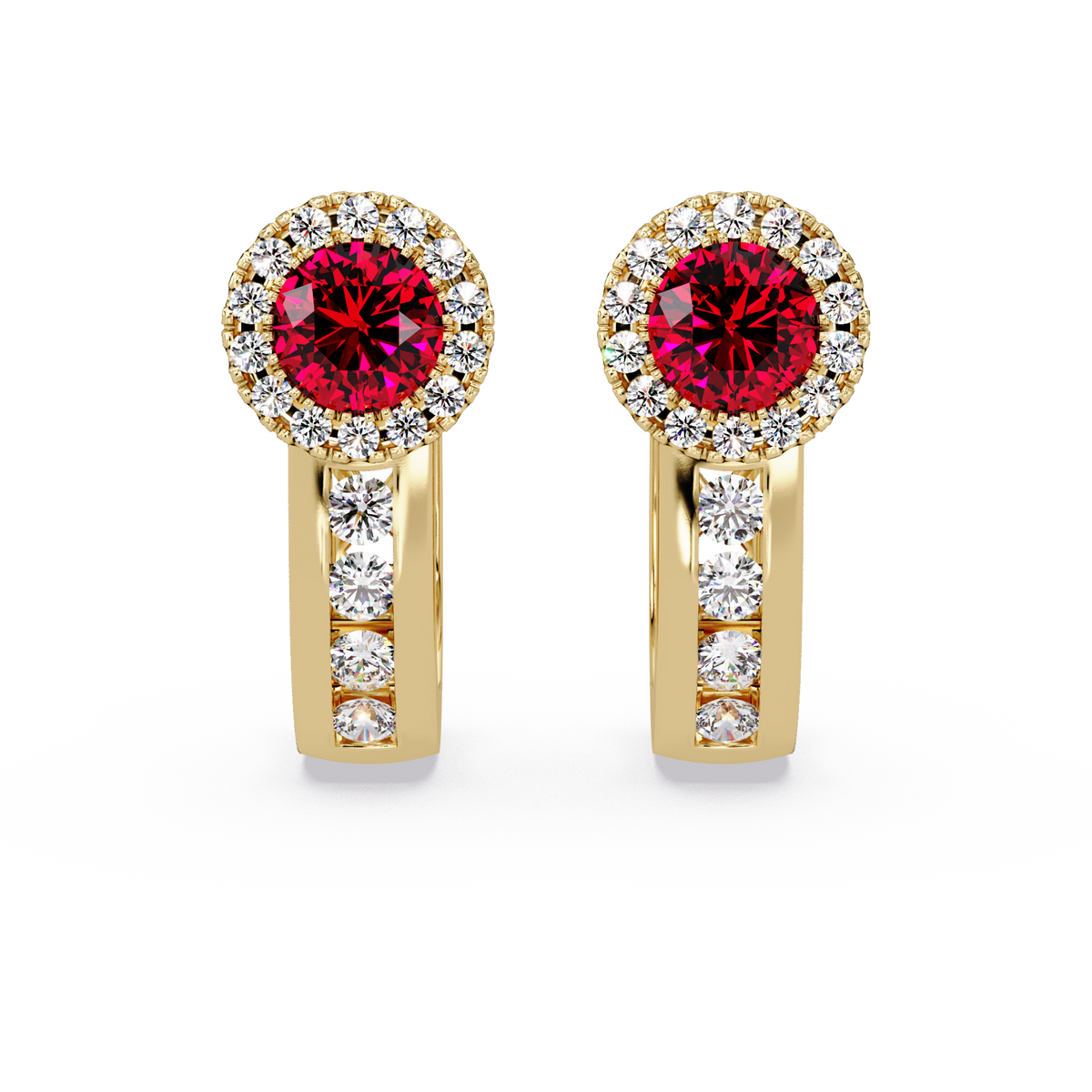 Halo colorstone huggie earrings in yellow gold, Ruby Red center stones