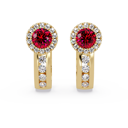Halo colorstone huggie earrings in yellow gold, Ruby Red center stones