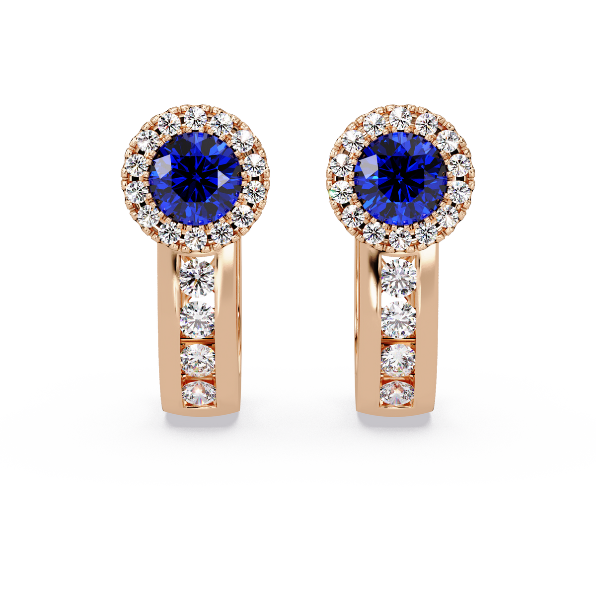 Halo colorstone huggie earrings in rose gold, Sapphire Blue center stones