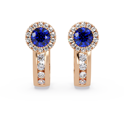 Halo colorstone huggie earrings in rose gold, Sapphire Blue center stones