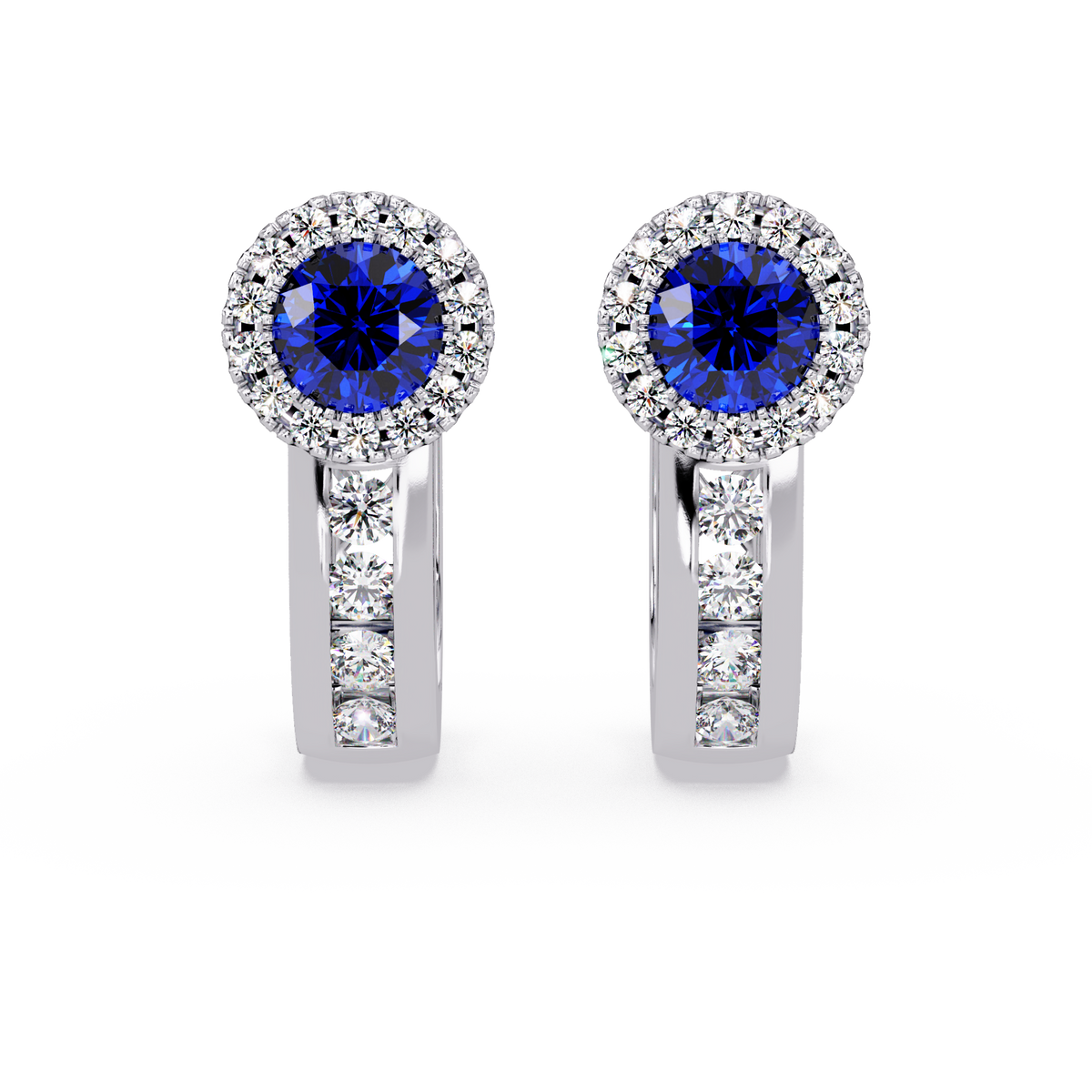 Halo colorstone huggie earrings in white gold, Sapphire Blue center stones