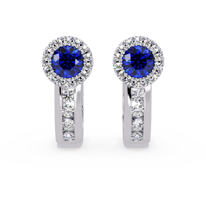 Halo colorstone huggie earrings in white gold, Sapphire Blue center stones
