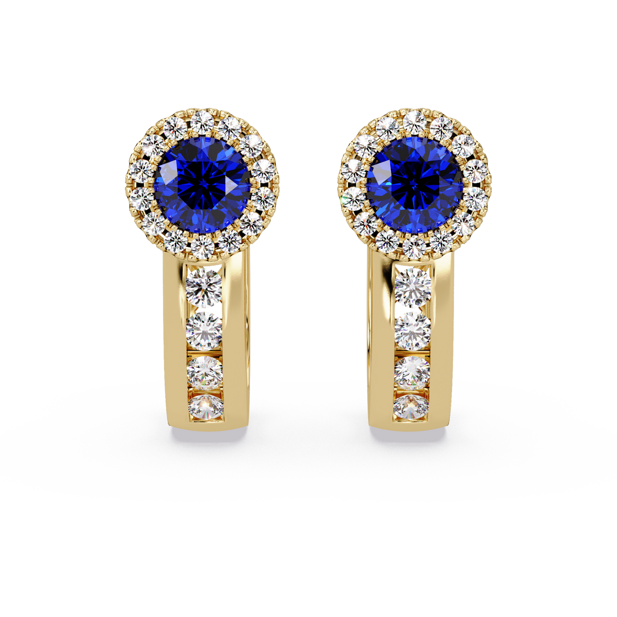 Halo colorstone huggie earrings in yellow gold, Sapphire Blue center stones