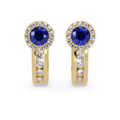 Halo colorstone huggie earrings in yellow gold, Sapphire Blue center stones