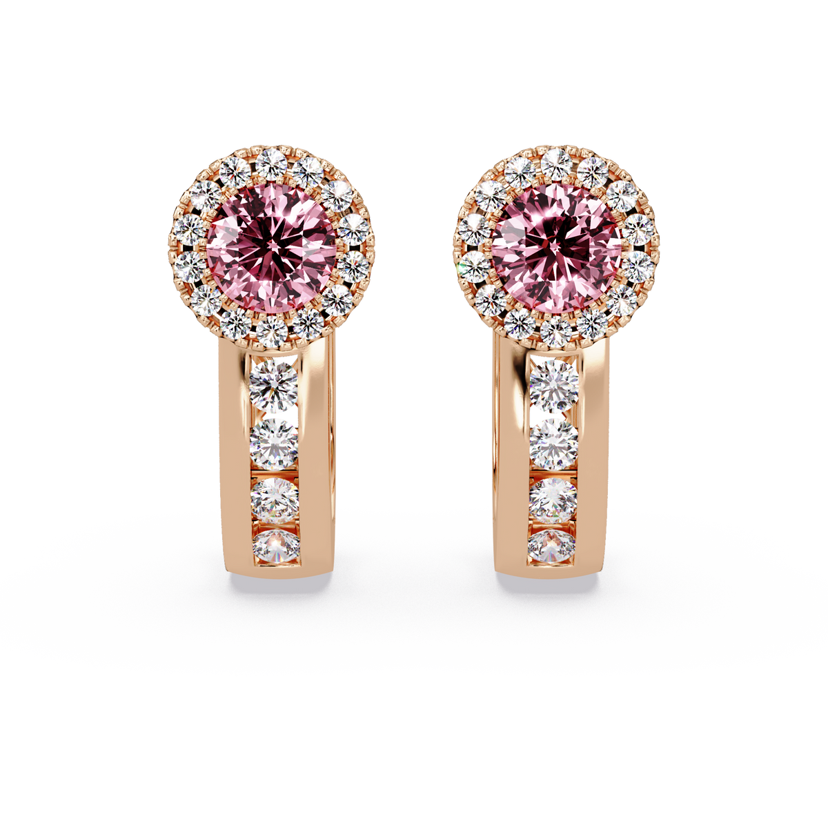 Halo colorstone huggie earrings in rose gold, Tourmaline Pink center stones