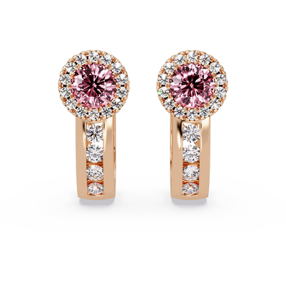 Halo colorstone huggie earrings in rose gold, Tourmaline Pink center stones