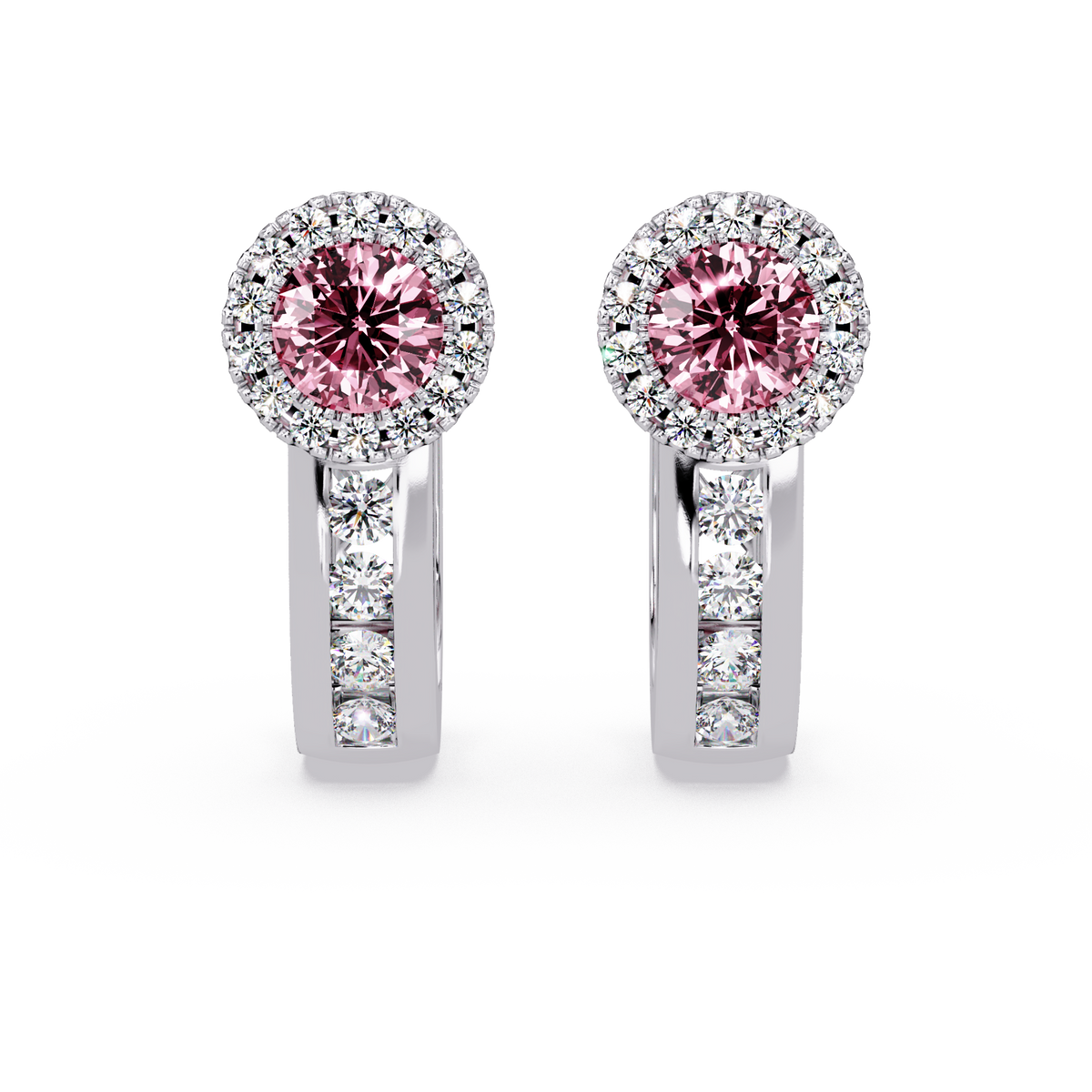 Halo colorstone huggie earrings in white gold, Tourmaline Pink center stones