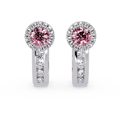 Halo colorstone huggie earrings in white gold, Tourmaline Pink center stones
